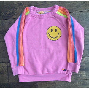 Aviator Nation Kids Pink fluorescent Rainbow Striped Sweatshirt Smiley 10